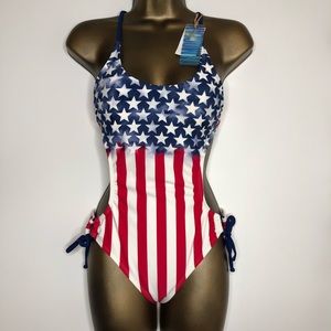 In Mocean red, white and blue flag print swimsuit